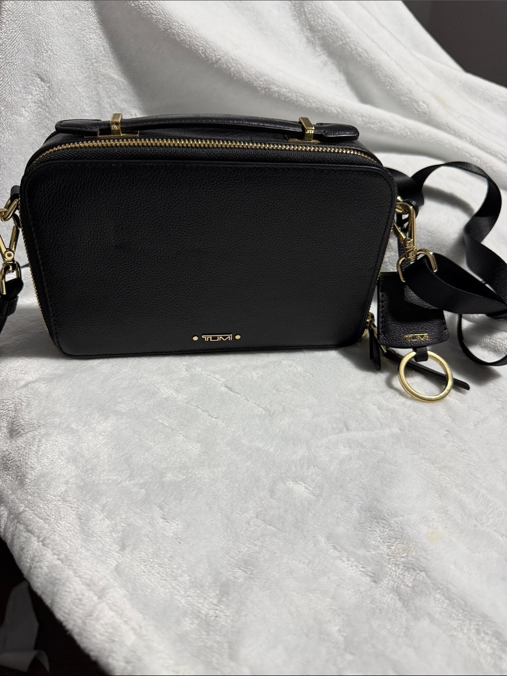 Tumi Black Leather Crossbody with Gold Hardware